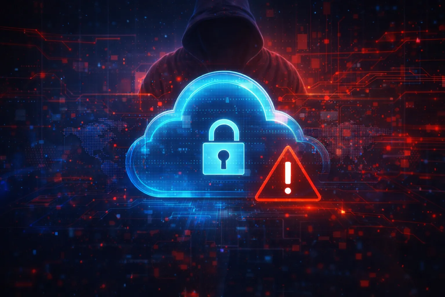 Postać w kapturze za ikoną chmury z kłódką i symbolem ostrzeżenia na tle cyfrowych danych