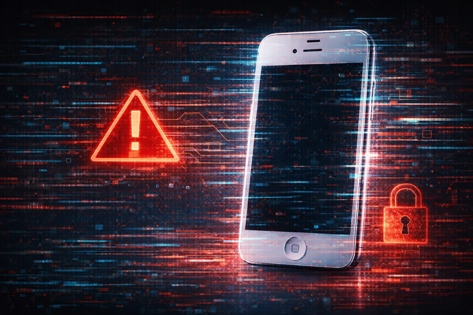 Stary model iPhone'a z cyfrowymi symbolami ostrzegawczymi i kłódki w tle