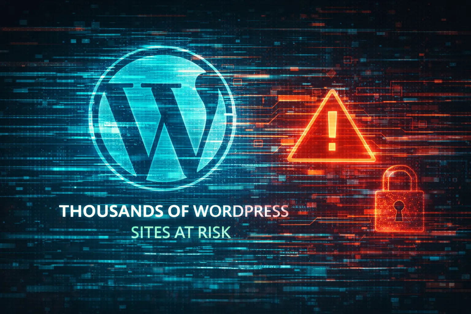 Logo WordPress w niebieskim kolorze obok czerwonych ikon ostrzeżenia i kłódki na tle cyfrowych linii