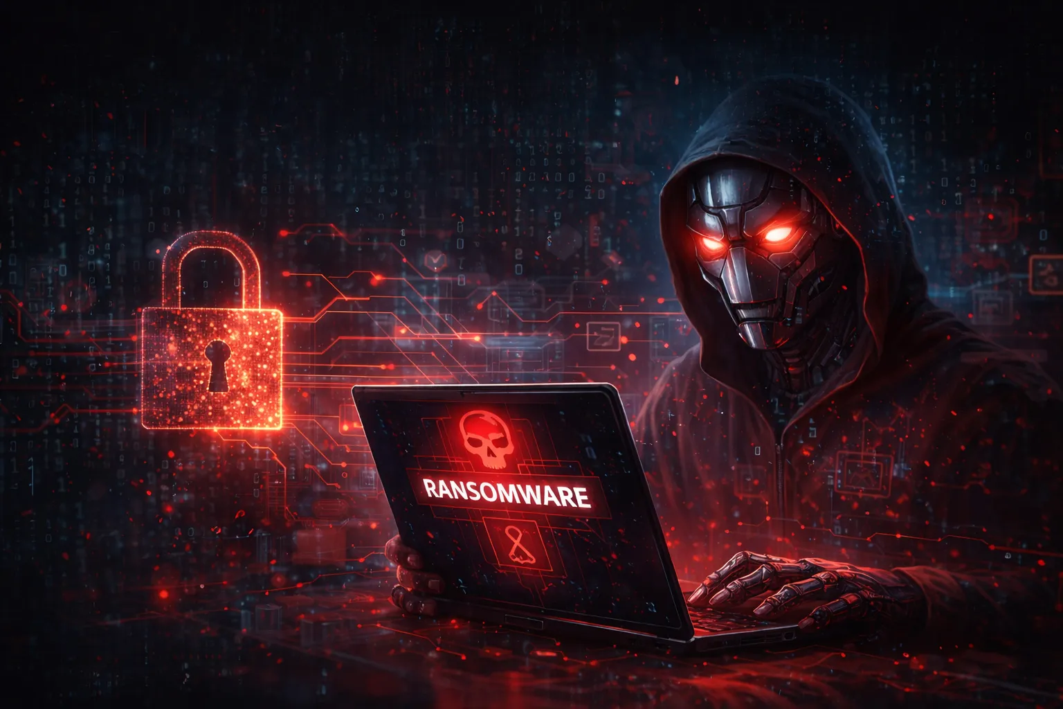 Ilustracja AI i ransomware w cybernetycznym, ciemnym otoczeniu. Grafika koncepcyjna do artykułu o ransomware opartym na AI — humanoidalna postać przy laptopie, czerwona kłódka i cyfrowe tło.