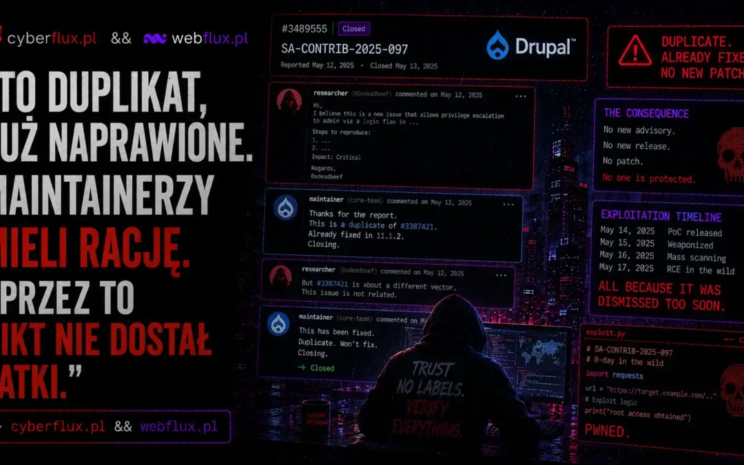 „To duplikat, już naprawione.” Maintainerzy mieli rację. I przez to nikt nie dostał łatki.
