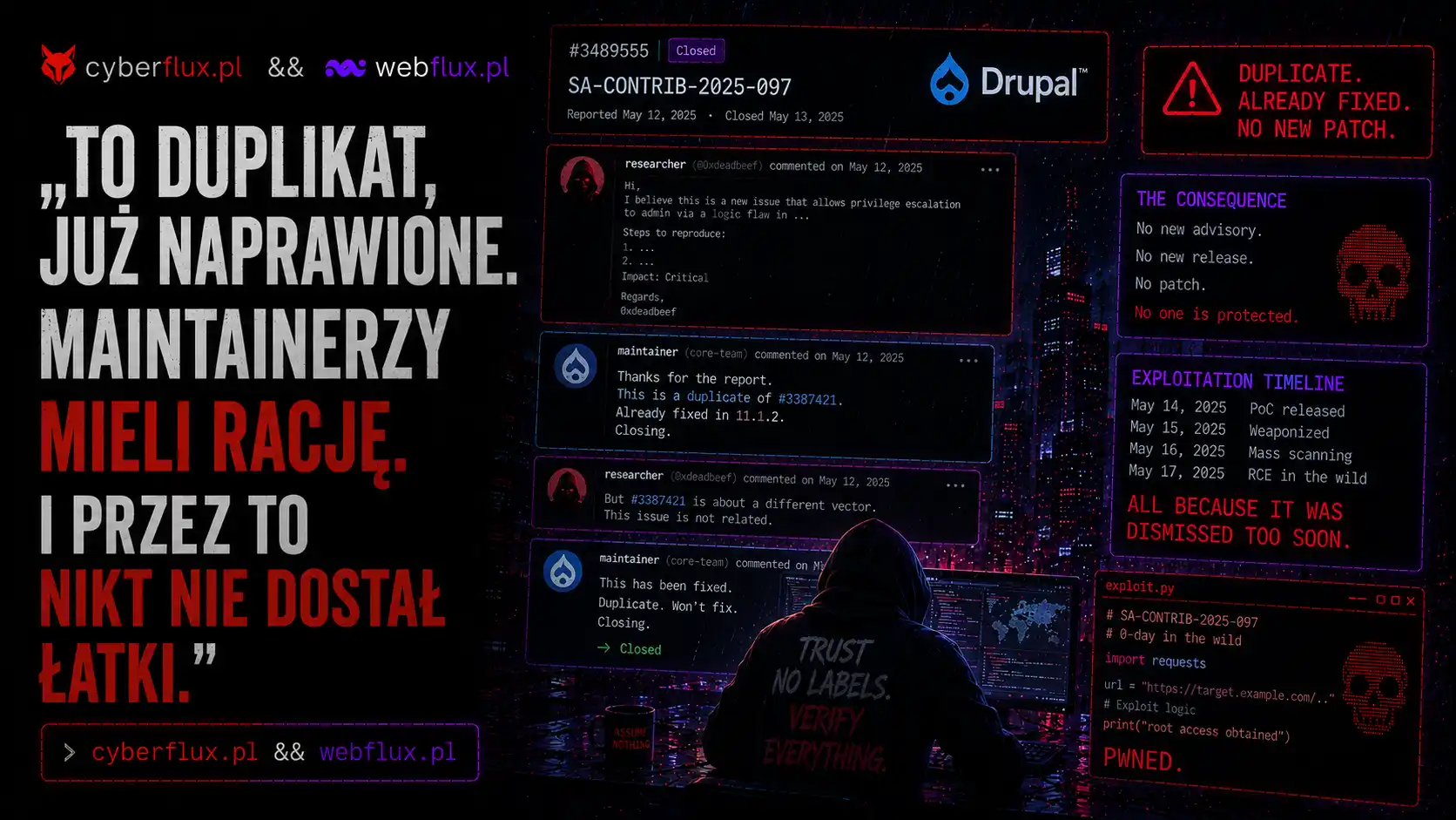 "To duplikat, już naprawione." Maintainerzy mieli rację. I przez to nikt nie dostał łatki.