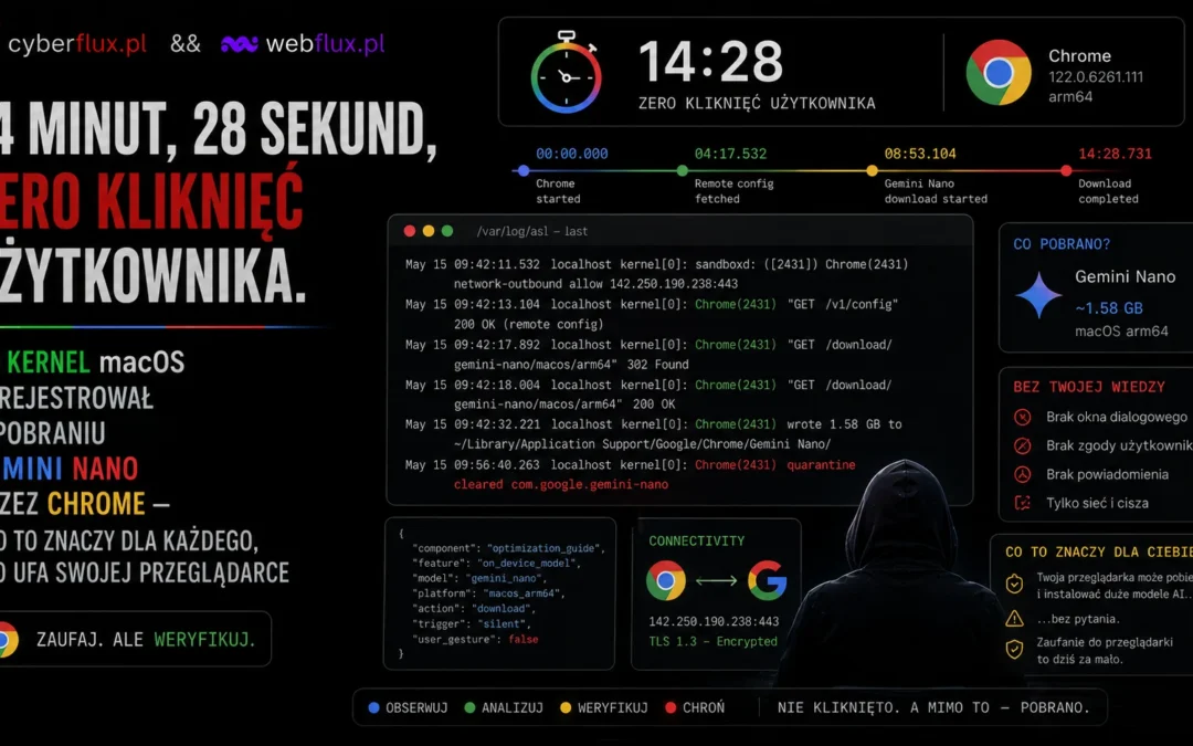 14 minut, 28 sekund, zero kliknięć użytkownika. Co kernel macOS zarejestrował o pobraniu Gemini Nano przez Chrome — i co to znaczy dla każdego, kto ufa swojej przeglądarce
