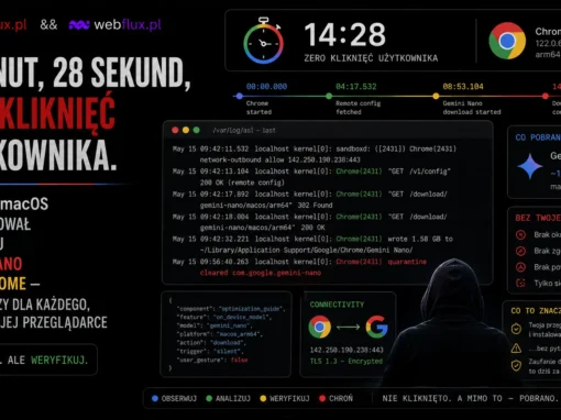 14 minut, 28 sekund, zero kliknięć użytkownika. Co kernel macOS zarejestrował o pobraniu Gemini Nano przez Chrome — i co to znaczy dla każdego, kto ufa swojej przeglądarce
