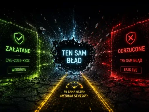 Ten sam błąd. Ta sama ocena. Microsoft załatał jeden i odmówił drugiemu. Co dziura bez CVE mówi o łataniu według numerów.