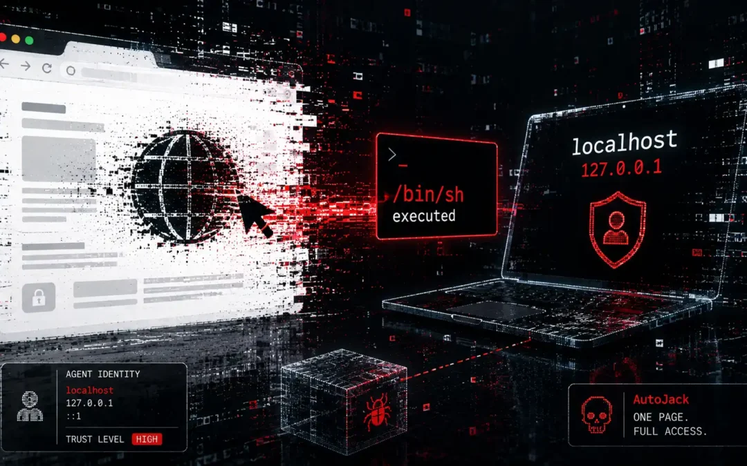Agent przeglądający stronę ma tożsamość localhost. AutoJack pokazuje, że to wystarczy, by jedna strona uruchomiła kod na maszynie dewelopera.