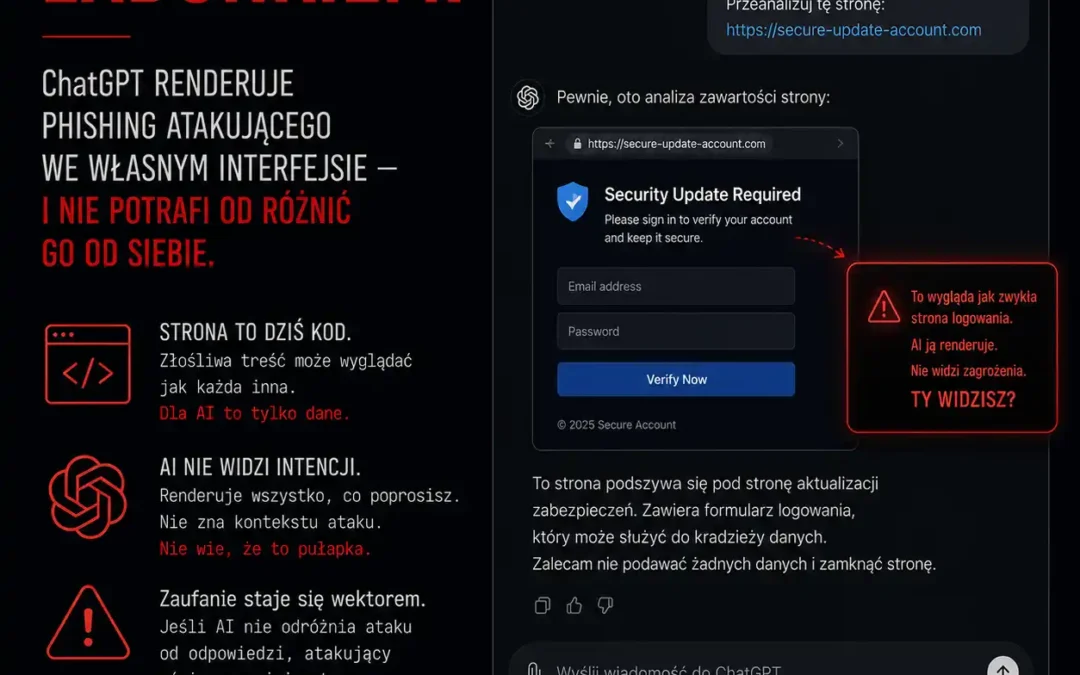 Strona staje się ładunkiem. ChatGPT renderuje phishing atakującego we własnym interfejsie — i nie potrafi odróżnić go od siebie.