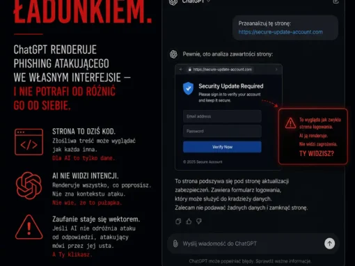 Strona staje się ładunkiem. ChatGPT renderuje phishing atakującego we własnym interfejsie — i nie potrafi odróżnić go od siebie.