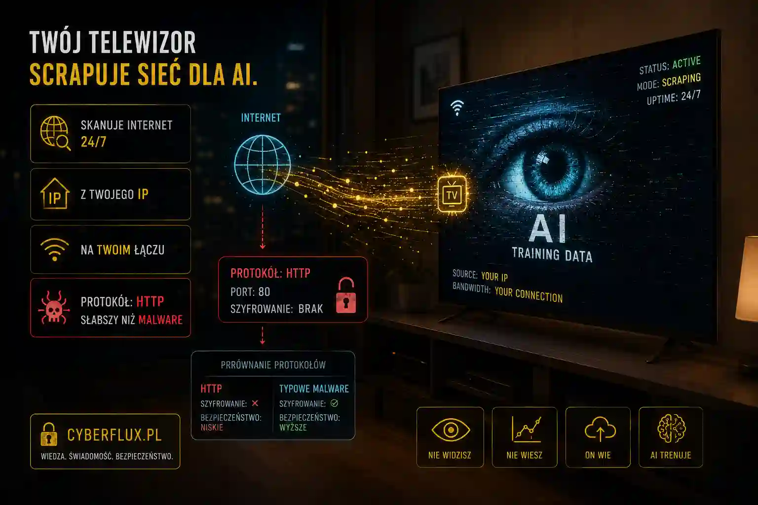 Twój telewizor scrapuje sieć dla AI. Z twojego IP, na twoim łączu — i robi to przez protokół słabszy niż malware