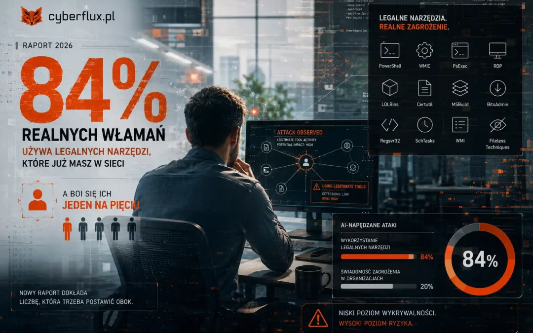 Przez tydzień pisaliśmy o atakach napędzanych przez AI. Nowy raport dokłada liczbę, którą trzeba postawić obok: 84% realnych włamań używa legalnych narzędzi, które już masz w sieci — a boi się ich jeden na pięciu