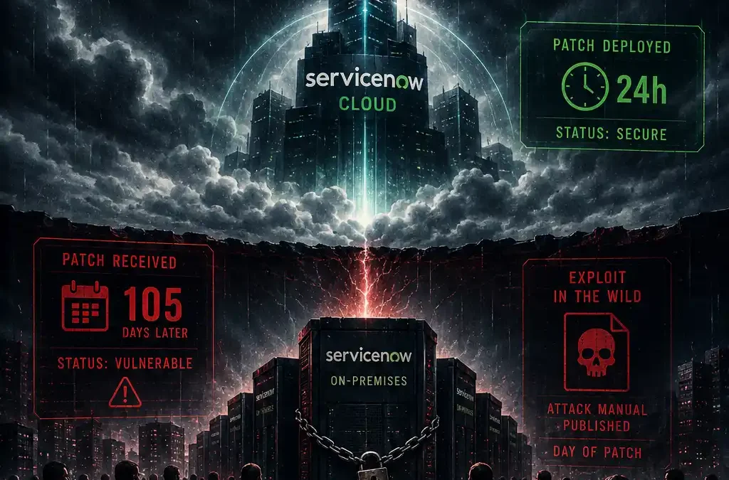 ServiceNow zabezpieczył własną chmurę w dobę. Klienci z instalacjami u siebie czekali trzy i pół miesiąca — a instrukcja obsługi ataku ukazała się w dniu, w którym dostali łatkę.