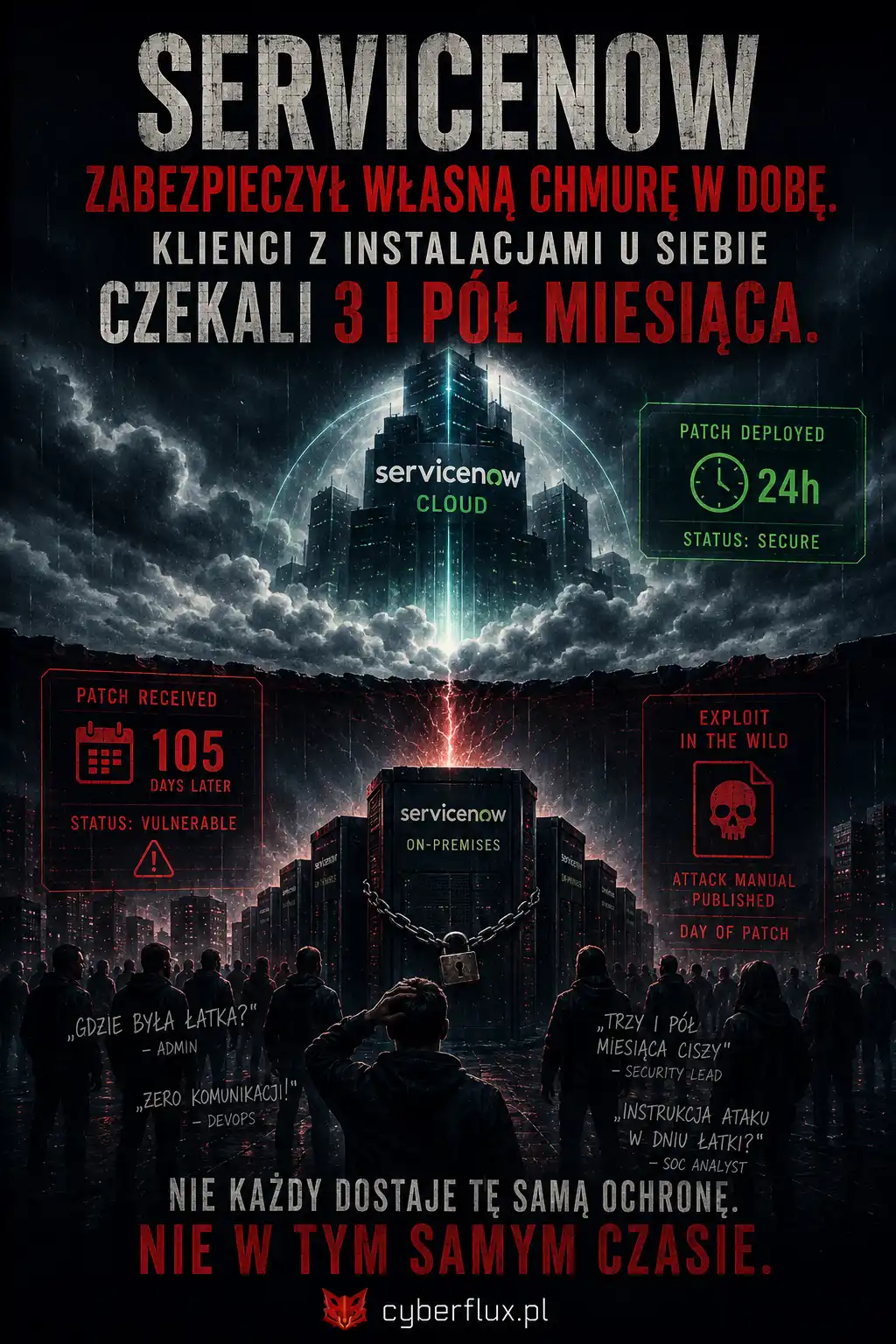 ServiceNow zabezpieczył własną chmurę w dobę. Klienci z instalacjami u siebie czekali trzy i pół miesiąca — a instrukcja obsługi ataku ukazała się w dniu, w którym dostali łatkę. ServiceNow zabezpieczył własną chmurę w dobę. Klienci z instalacjami u siebie czekali trzy i pół miesiąca — a instrukcja obsługi ataku ukazała się w dniu, w którym dostali łatkę.
