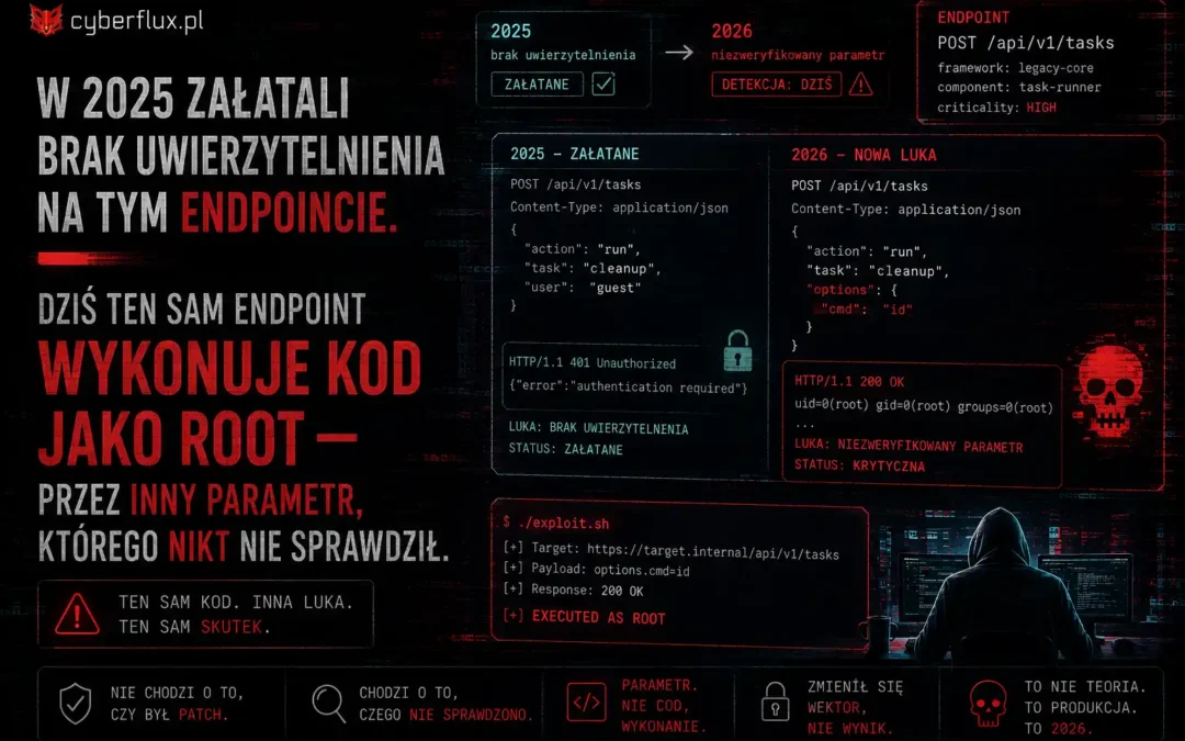 W 2025 załatali brak uwierzytelnienia na tym endpoincie. Dziś ten sam endpoint wykonuje kod jako root — przez inny parametr, którego nikt nie sprawdził.