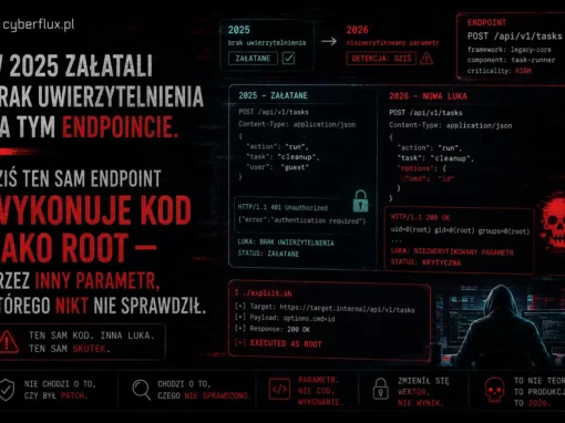 W 2025 załatali brak uwierzytelnienia na tym endpoincie. Dziś ten sam endpoint wykonuje kod jako root — przez inny parametr, którego nikt nie sprawdził. W 2025 załatali brak uwierzytelnienia na tym endpoincie. Dziś ten sam endpoint wykonuje kod jako root — przez inny parametr, którego nikt nie sprawdził.